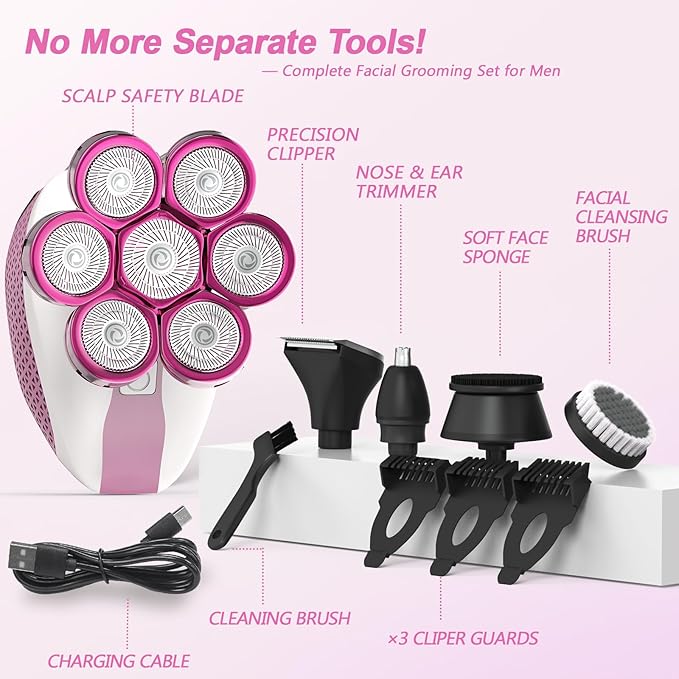7D Head Shavers for Bald Men,Electric shavers for Men with LED Display, Head Shavers for Men Wet&Dry, Professional 5-in-1 Electric Head Shaver Grooming Kit for Hair/Face/Beard（Pink）