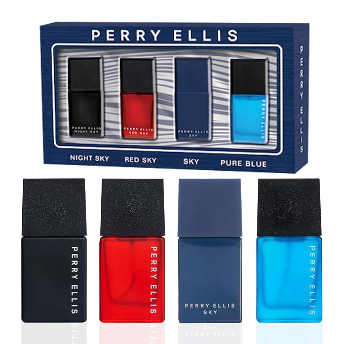 Perry Ellis Men's 4-Piece Mini Set - Cologne for Men, Mens Cologne Gift Sampler Set, EDT, Perfume Samples, Travel Size - Night Sky, Red Sky, Sky, Pure Blue - 0.25 fl oz (Pack of 4)