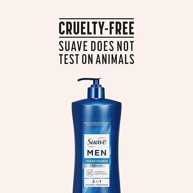 Suave Men Ocean Charge 2 in 1 Refreshing Shampoo & Conditioner with Pro Vitamin B5, Hydrates & Revitalizes Hair, Ocean Fresh Scent, 4 Count, 28 FL OZ Pump