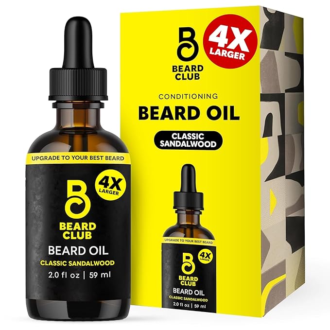 The Beard Club Beard Oil for Men - 2oz Classic Sandalwood Natural Beard Oil with Castor & Amber Oils - Beard & Mustache Conditioner - Hydrates, Softens & Soothes Dry Skin - Strengthens Hair Follicles