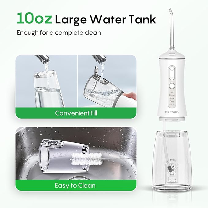 FRESKO Water Dental Flosser for Teeth, 300ML Flosser with Constant Pressure, Rechargeable Oral Irrigator Cleaner for Travel with 5 Jet Tips, IPX7 Waterproof