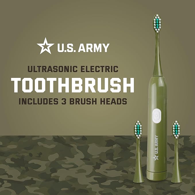 U.S. Army Electric Toothbrush, Battery Powered Toothbrush for Adults with 3 Heads, Waterproof Design for Oral Care and Plaque Removal