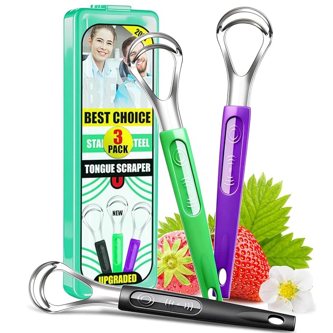 3 Pack Metal Tongue Scrapers for Kids Adults, Stainless Steel Tongue Cleaner Scrubber with Travel Case