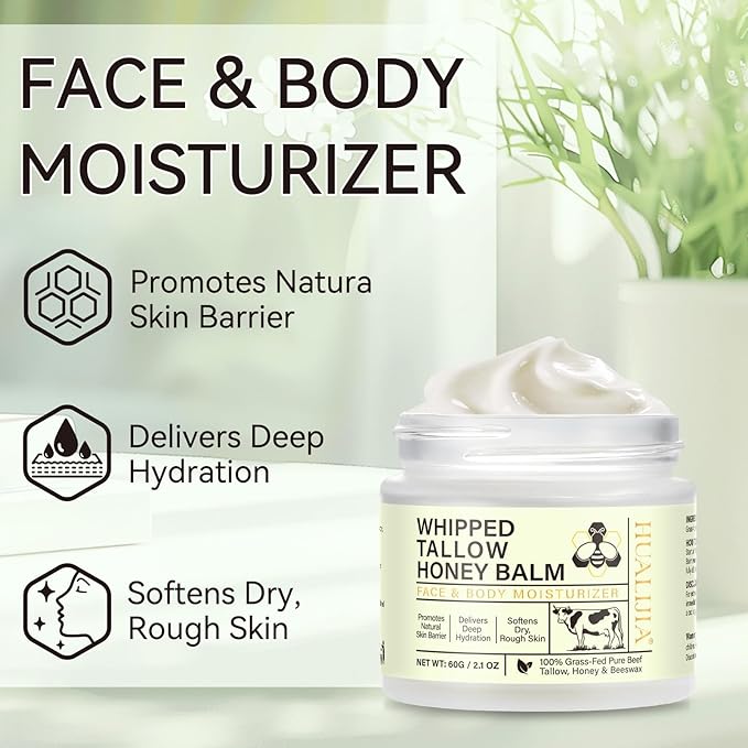 Beef Tallow for Skin, Organic Tallow and Honey Balm, Tallow Face Moisturizer, Grass Fed Whipped Beef Tallow with Honey Beeswax - Deeply Hydrates and Moisturizes Face Body, Unscent, No Greasy