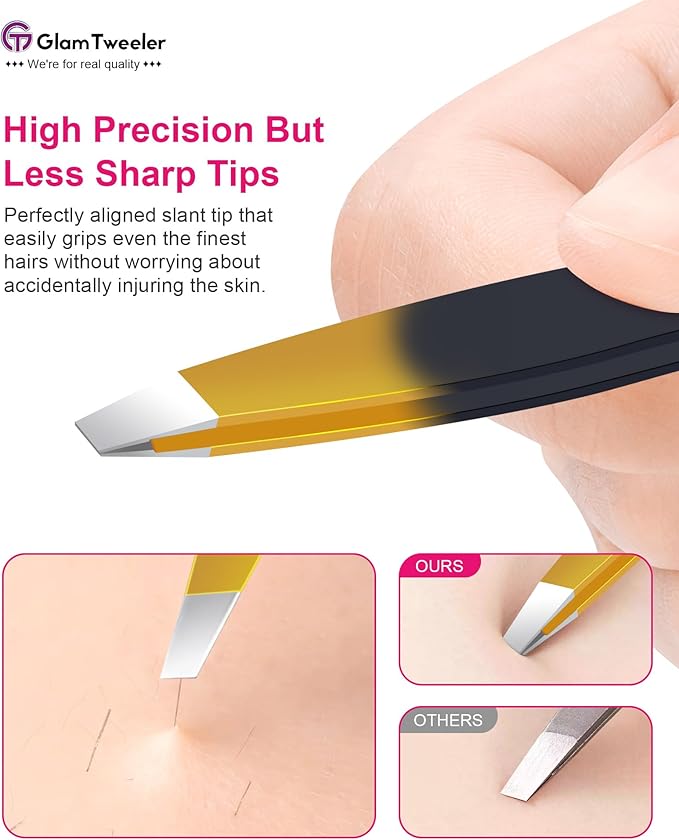G-01 Exclusive Slant Tip Tweezers, GlamTweeler High Precison Expert Eyebrow and Facial Hair Removal Tweezer with Leather Storage & Carrying Case (Black & Gold)