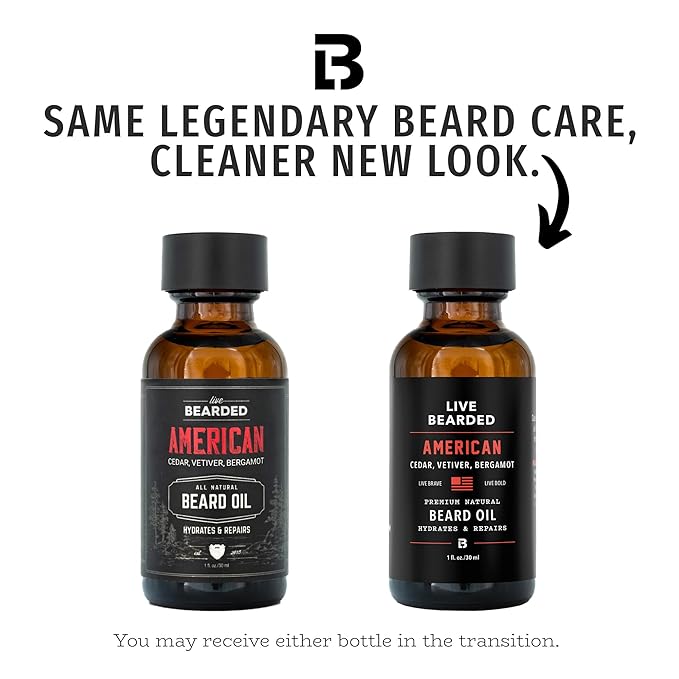 Live Bearded Beard Oil, 1 fl oz - Premium All-Natural Jojoba - Made in the USA - Hair and Skin Care for Men with Dry, Flaky Patches | American Scent - Cedar, Vetiver, Bergamot