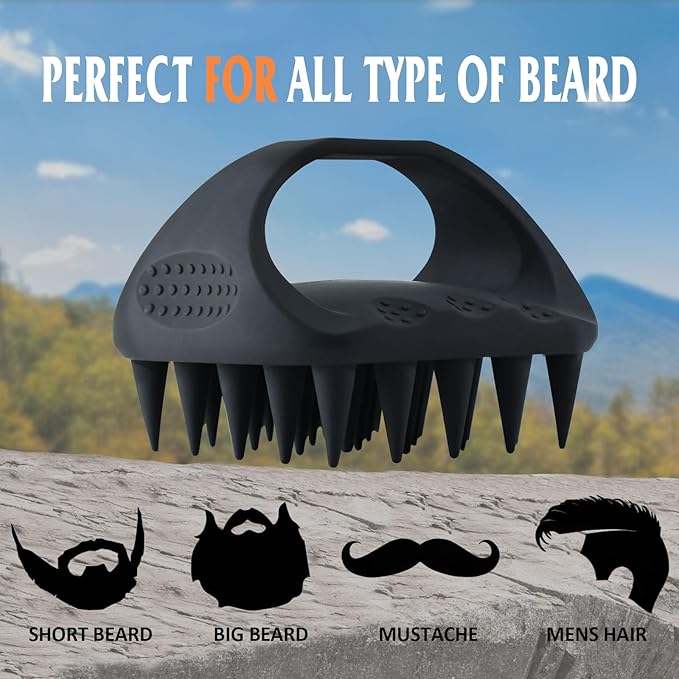 Beard Scrubber & Hook - Silicone Beard Brush for Deep Cleaning and Exfoliation, Helps Reduce Dandruff & Itching, Non-Slip Handle & Soft Durable Longer Bristles