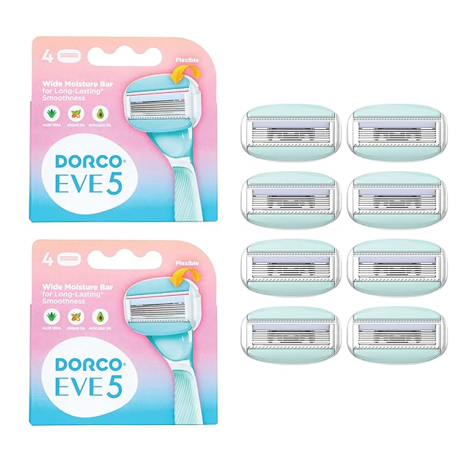 DORCO eve Pack of 5 Razors for Extra Smooth Shaving (No Razor Handle, 8 Piece Razor Blade Refills), Razors for Shaving with Aloe Vera Moisture Bar, Interchangeable Cartridge for Sensitive Skin