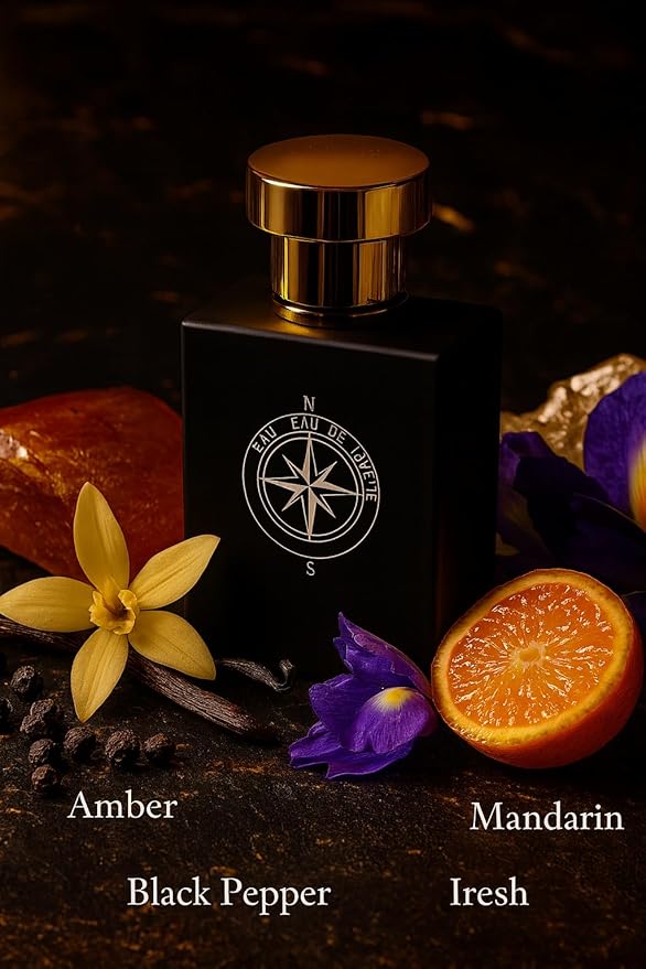 Men's Cologne, Eau de Toilette with Amber, Mandarin, Black Pepper, Iresh notes, Compass Design, Gold Cap, Black Bottle, Long Lasting Perfume for Men 50ml / 1.7 fl.oz
