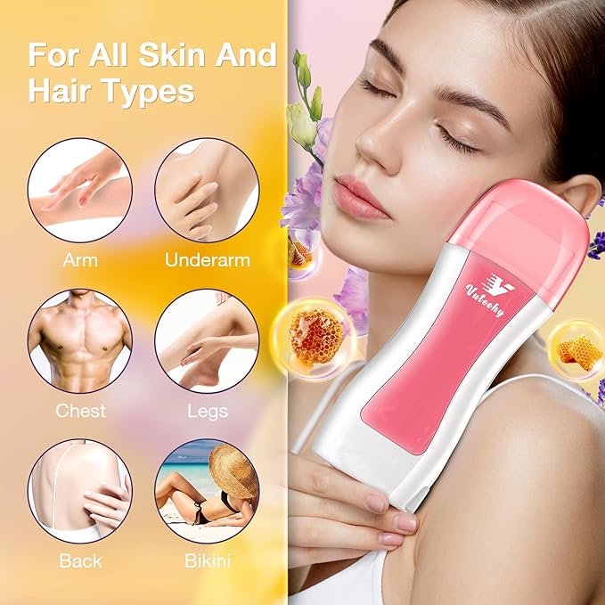 Roll on Wax Kit, Roller Waxing Kit with 2 Soft Honey Cartridges, Waxing Kit for Hair Removal, Rolling Wax Hair Removal Kit for Women Men