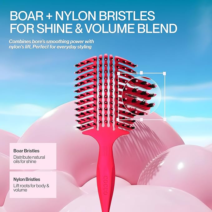 COCCO Aura Vent Boar Brush | Vented Dual-Curved Design for Faster Drying, Effortless Detangling & Shine, Boar + Nylon Bristles, Ergonomic Comfort Handle for Wet & Dry Hair Styling - Pink