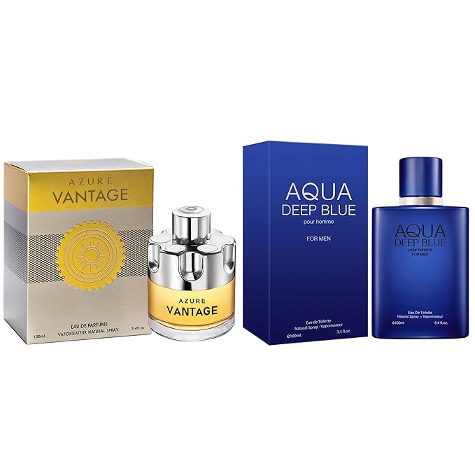 META-BOSEM Men's Perfume Gift Set, EDP, 2 Pack (3.4 oz / 100 mL each), AQUA DEEP BLUE, Vantage, Aquatic Blue & Aromatic Classic, for summer & travel & office days, Long-Lasting, Gift Ready