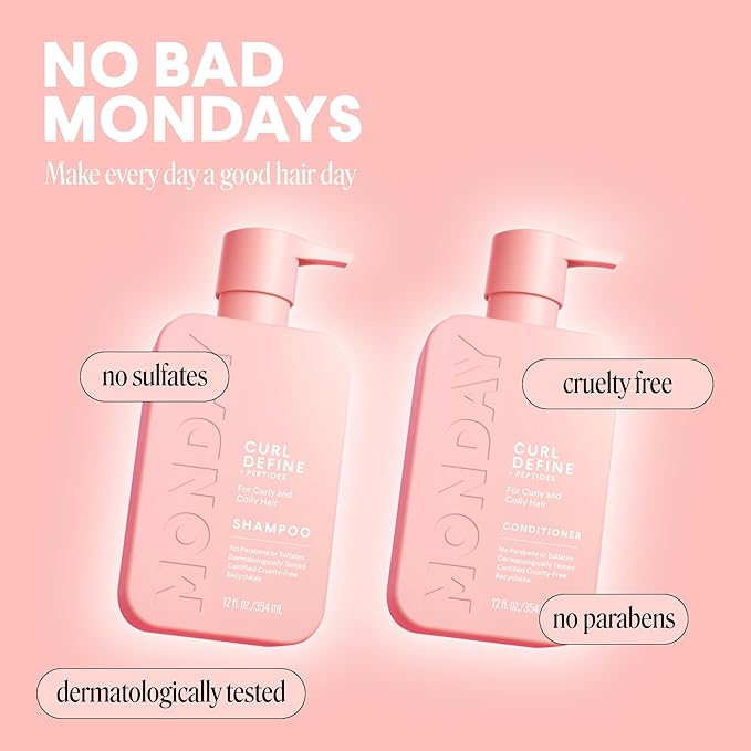MONDAY HAIRCARE Curl Define Shampoo + Conditioner Set (2 Count) 12 oz Each Nourishes Curls, Tames Frizz, Coconut Oil and Shea Butter Enhance Shine, 100% Recyclable Bottle