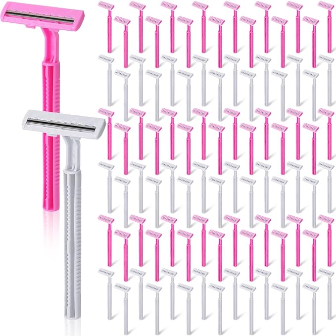 Hanaive Women's Disposable Razors Bulk Twin Blade Disposable Stainless Steel Hospitality Quality Shaver Multipurpose Portable Shave Razor Manual for Bathing Hotel Travel (Pink White,100 Pcs)