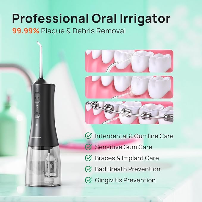 OPERAN Water Flossers for Teeth, Cordless Portable Water Flossers for Adults Braces, IPX7 Waterproof with 4 Modes, 4 Professional Nozzles, 300ml Tank & 21 Days Runtime for Travel, Black, 1Pack