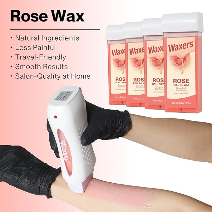 Roll on Wax Kit for Coarse & Thick Hair Removal Waxing Kit for Women & Men Professional Rose Soft Wax Roller Cartridge with Warmer & Strips