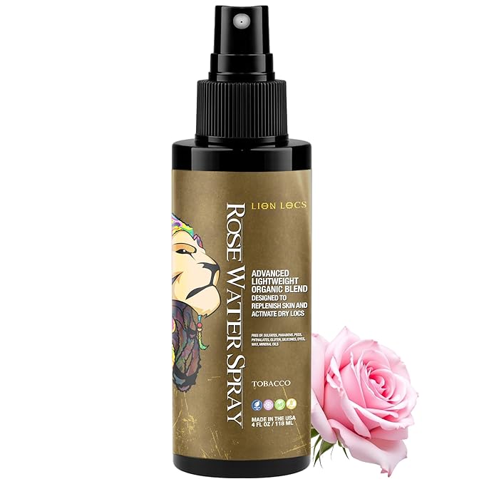 Lion Locs Rosewater Moisturizing Spray for Locs and Skin | Organic Vegan Conditioner Rose Water for All Hair Types (4oz, Tobacco)