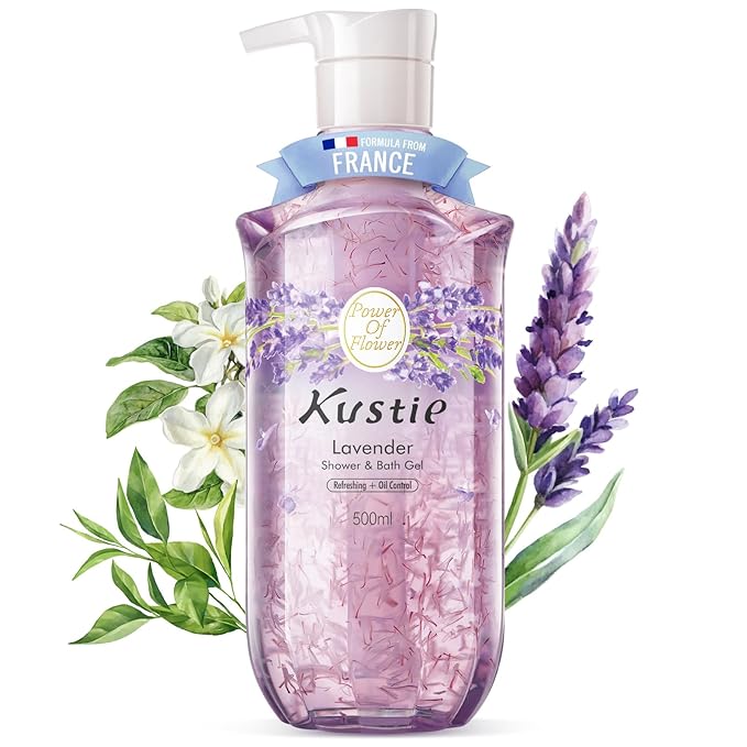 Kustie Lavender Petal Body Wash – With 450 Real Provence Petals, Tea Tree Oil, Squalane & Hyaluronic Acid | Acne-Fighting, Calming & Hydrating Cleanser | Vegan, Sulfate-Free | 16.9 Fl Oz