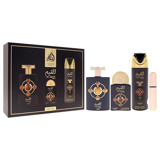 Lattafa Pride - Al Qiam Gold for Men - 3 Pc Gift Set 3.4oz EDP Spray, 6.67oz Perfumed Body Spray, 0.67oz EDP Spray
