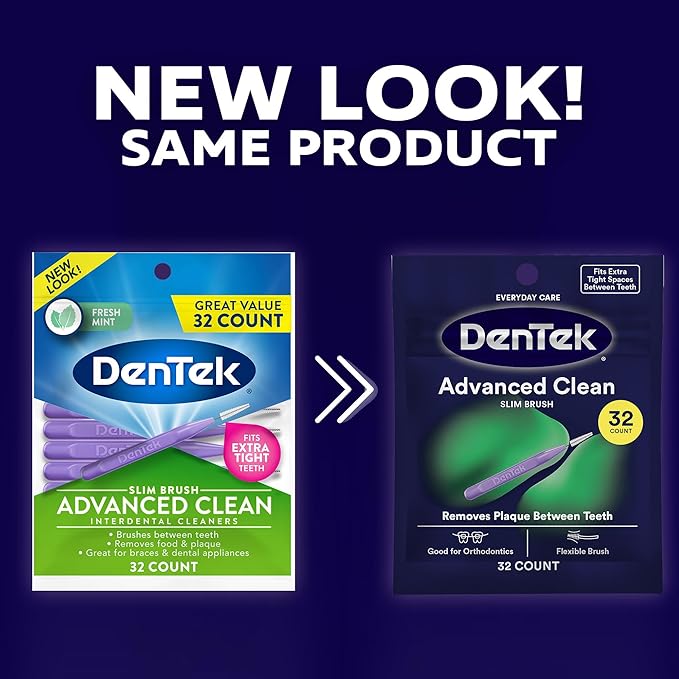 DenTek Slim Brush Advanced Clean, Interdental Brushes for Cleaning Between Tight Teeth, Safe for Braces & Dental Work, 32 Count