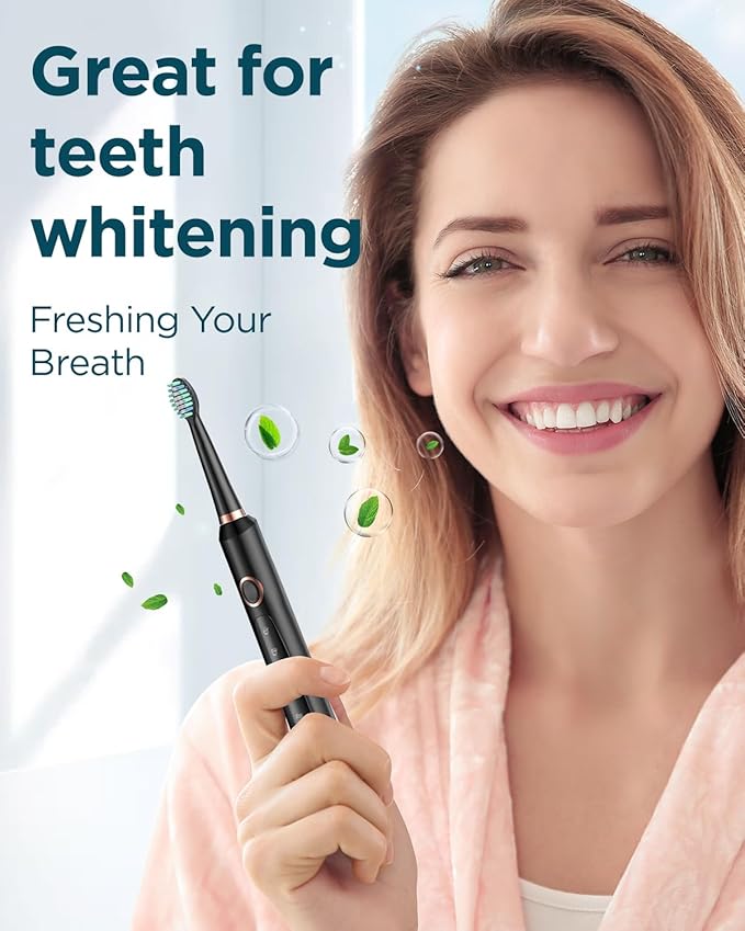 Sonic Electric Toothbrush for Adults - Rechargeable Electric Toothbrush with 8 Brush Heads & Travel Case,Teeth Whitening, Power Electric Toothbrush with Holder, 3Hours Charge for 120 Days - Black