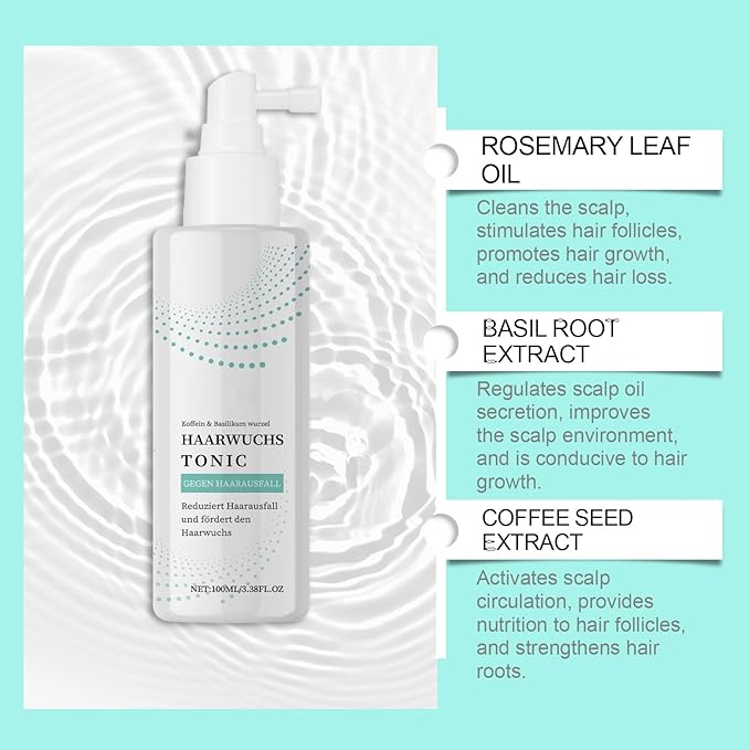 100ml Rosemary Hair Growth Tonic Spray - Anti Hair Loss Treatment with Caffeine & Basil Extract - Scalp Moisturizer for Dry & Sensitive Scalp - Promotes Thicker, Fuller & Healthier Hair