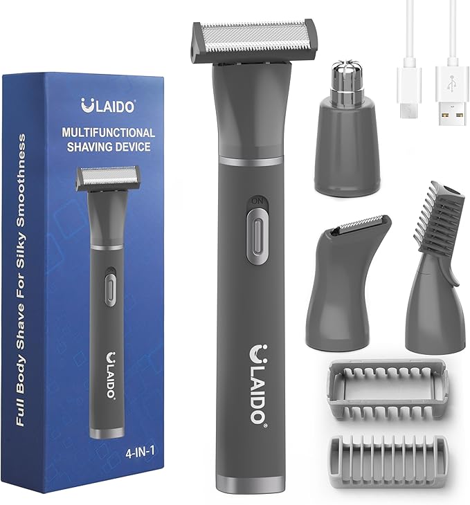 Beard Trimmer for Men, 4 in 1 Electric Razor for Ear, Nose, Eeybrow, Body, Face and Mustache Mens Grooming Kit Pubic Hair Trimmer with 4 Heads for Smooth Shaving