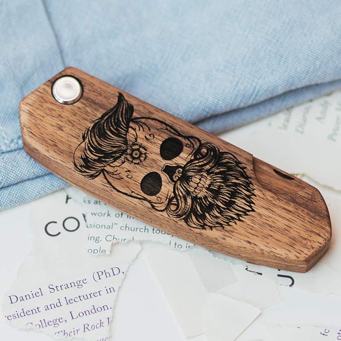 Beard Comb Gifts for Him Wooden Comb for Men Folding Pocket for Moustache Hair Walnut Combs Husband with the Engraving (Skull)
