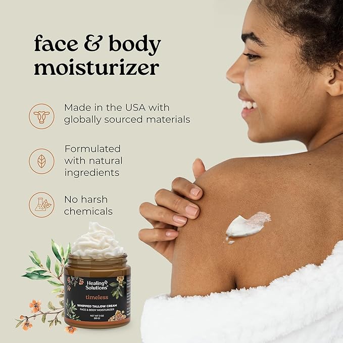Healing Solutions - Whipped Tallow Balm, Frankincense, Myrrh & Sandalwood Scent, Grass Fed/Grass Finished Beef Tallow w/Organic Jojoba & Manuka Honey for Skin, Face & Body, All Natural Moisturizer