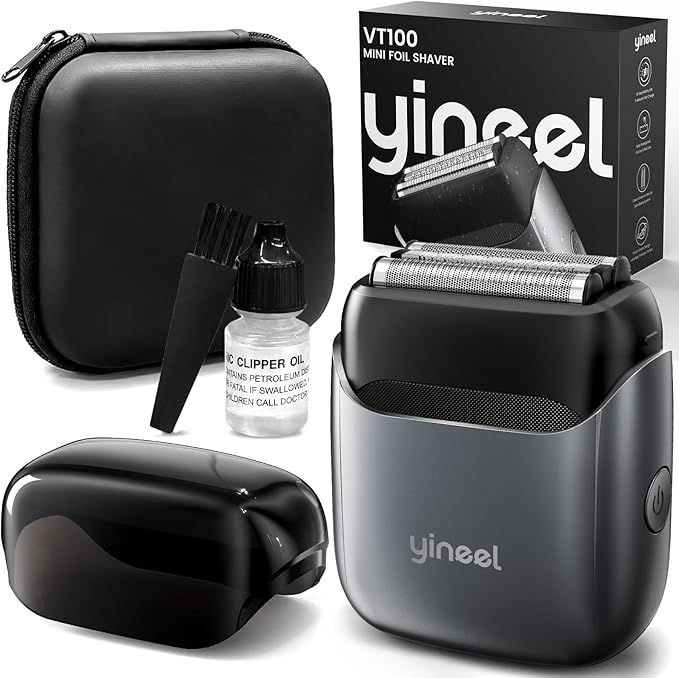 Yineel VT100 Electric Foil Shavers for Men, Pocket-Sized with Case, Mini Electric Razor for Close Face Shaver, 3 Floating Blades, IPX7 Waterproof & Travel-Friendly/Home Use, Gifts for Men