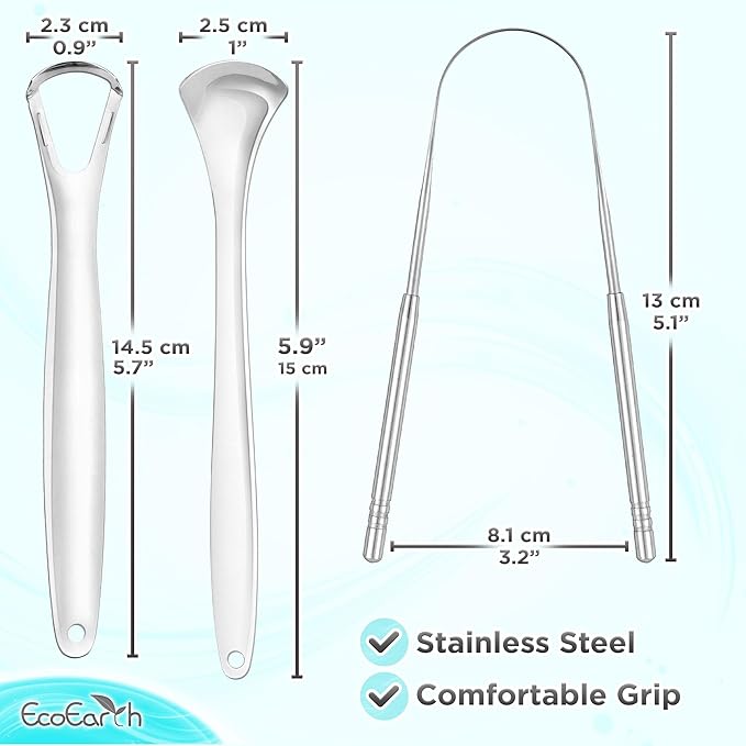 Tongue Scraper for Adults - 3 Pcs Metal Tongue Cleaner with Silver Storage Case - Tough Stainless Steel Mouth Scrubber for Fresh Breath & Oral Hygiene - by EcoEarth