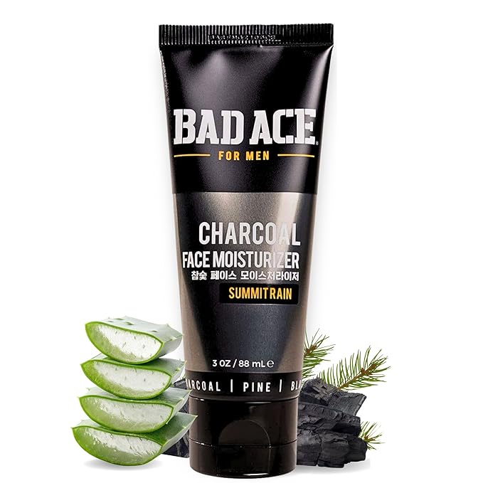 BAD ACE Daily Men's Face Moisturizer for Oily Skin, Premium Korean Skin Care Hydrating Facial Cream, Charcoal Face Lotion with Natural Extracts, Men’s Skin Care, Summit Rain, 3 oz
