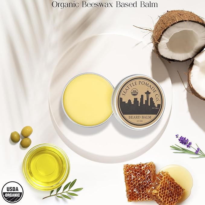 Seattle Pomade Co. Certified Organic Beard Balm made with Organic Beeswax. Strengthens & Softens Beards & Mustaches. Globally sourced certified organic materials.