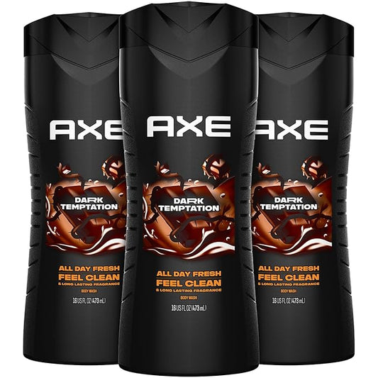 AXE Men's Body Wash, Dark Temptation, 3-Pack, 12H Refreshing Chocolate Scent, 16 Fl Oz Ea