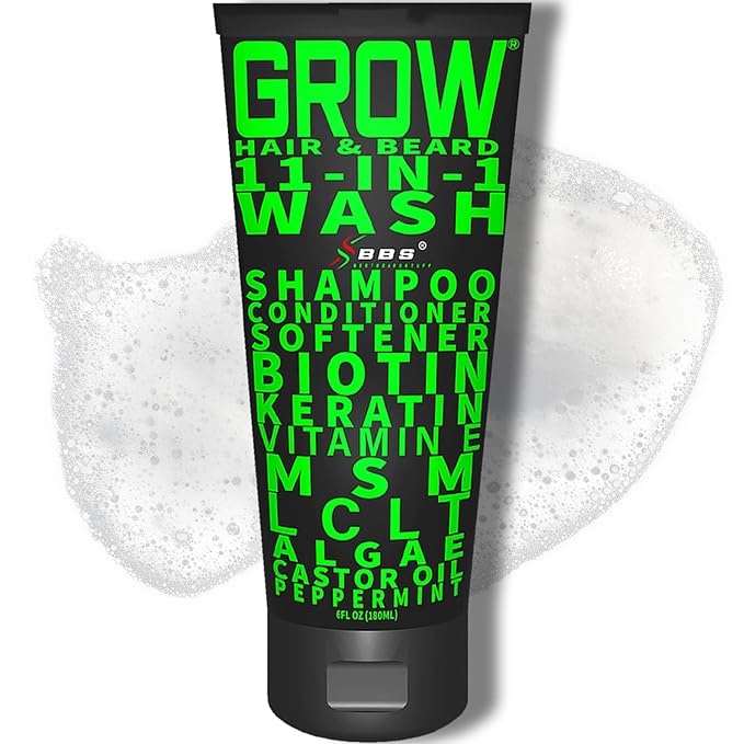 Beard Wash Shampoo & Conditioner 11-in-1 – GROW Hair & Beard Growth Wash with Biotin, Castor Oil, Peppermint & Keratin – Supports Thicker Hair & Beard Growth