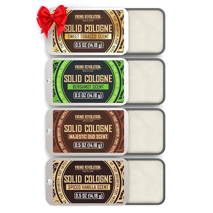 Viking Revolution 4 Pack Mens Colognes - 0.5 Oz Solid Perfume with Spiced Vanilla, Sweet Tobacco, Majestic Oud, Bergamot - Travel Wax Balm Cologne