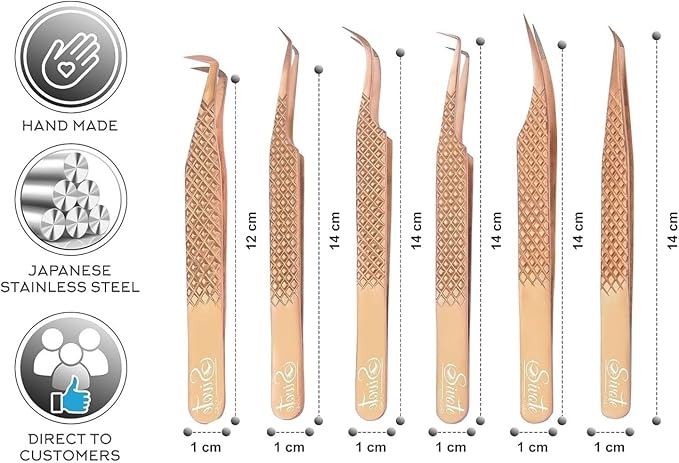 SIVOTE Eyelash Extension Tweezers Fiber Tips, Set of 6, Curved, Dolphin, 90 Degree 45 Degree, Volume Boot & Slight Curved Tweezer, Rose Gold