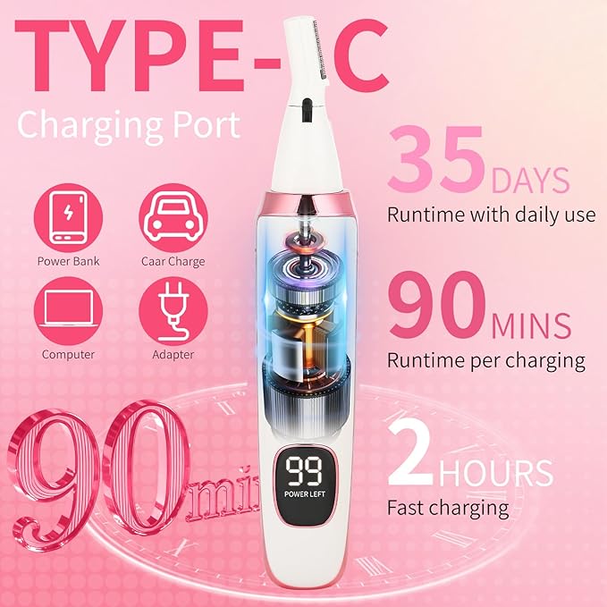 2 in 1 Nose and Ear Hair Trimmer with LED Display, Rechargeable Electric Nasal Hair Clipper for Men & Women, Eyebrow & Facial Hair Removal with Dual-Edge Blades, Easy to Clean