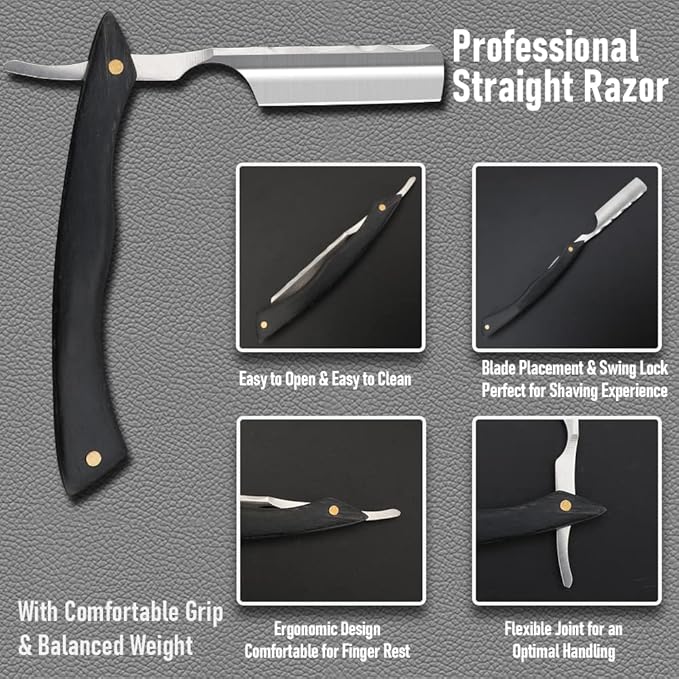 Straight Razor With Strope - Professional Straight Edge Barber Premium Stainless Steel Shaver With Shaving Strop for Men Home & Salon Grooming Using (NO.155)