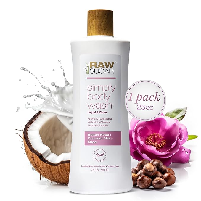 RAW SUGAR Simply Body Wash, Beach Rose + Coconut Milk + Shea (25 Fl Oz, Pack of 1) Sensitive Skin Bath Soap, Formulated without SLS/SLES & Parabens