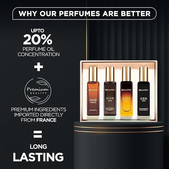 Bella Vita Luxury Long Lasting Perfume Gift Set for Man | 4x20ml | Gifts for Men | Woody, Citrusy, Oud, Premium Fragrance Scent | KLUB, OUD, CEO, G.O.A.T
