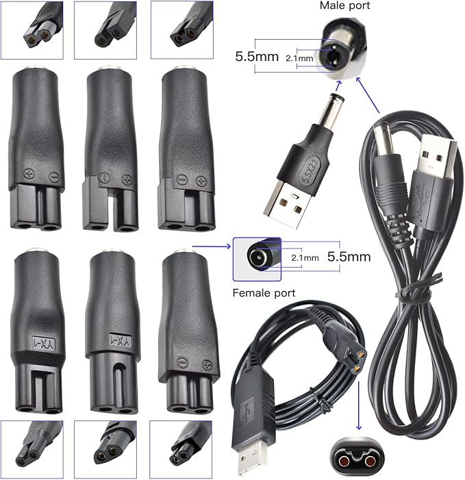 9 PCS Replacement Power Cord 5V Charger USB Adapter Suitable for Electric Hair Clippers, Beard Trimmers, Shavers, Beauty Instruments, Desk Lamps, Purifiers.