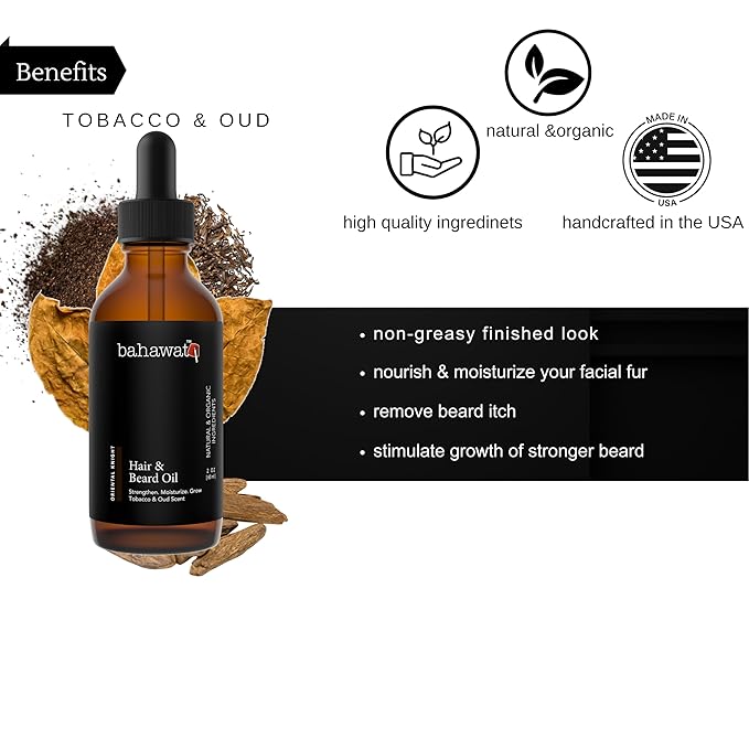 BAHAWAT Beard Oil -Premium Beard Oil Conditioner & Softener - Tobacco Oud scent- Eliminates Beard Itch, Promote a Healthy, Full Beard, Natural Ingredients, 2 ounce.