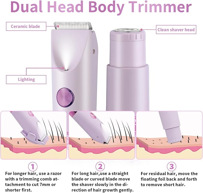 Bikini Trimmer for Women，Dual Head Women Shaver IPX6 Waterproof Cordless Pain Free Hair Removal with Safety Lock Trimmer for Smooth Skin Ideal for Bikini Area Body and Facial Hair (Purple)