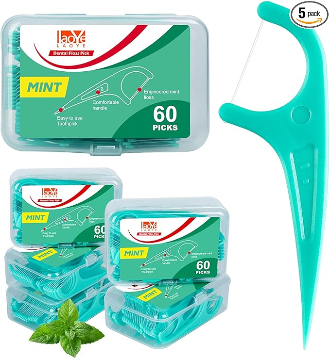 Floss Picks, 300 Count Mint Dental Floss Picks, Toothpicks with 5 Travel Cases for Extra Convenience, Helps Prevent Cavities, Remove Plaque & Freshen Breath, Premium Floss Sticks for Family