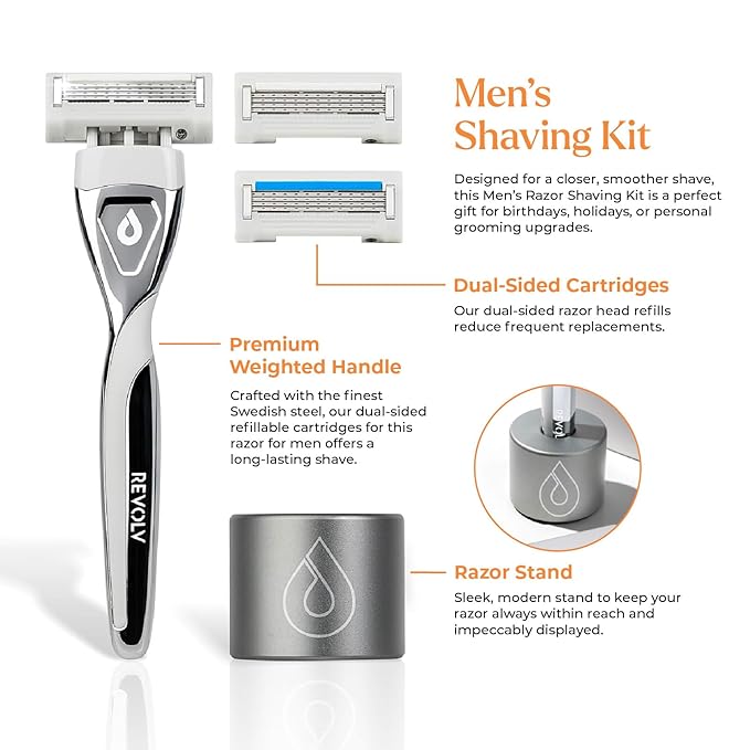 REVOLV - Men’s Razor Shaving Kit - 1 Premium Weighted Handle + 3 Dual-Sided Cartridges + 1 Stand - For a Closer, Smoother Shave - Safe on Sensitive Skin - 2 Razor Blade Refills - Grey