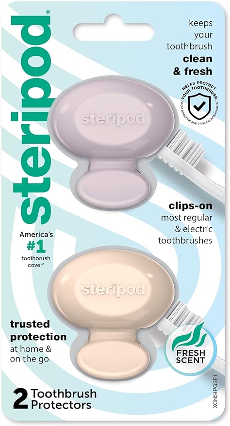 Steripod Clip-On Toothbrush Protector, Keeps Fresh and Clean, Fits Most Manual and Electric Toothbrushes, Pink and Blue, 2 Count (Pack of 1)