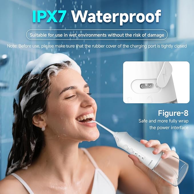 Water Dental Flosser Teeth Pick 300ML Portable Cordless Oral Irrigator for Teeth Cleaning with 4 Modes 5 Jet Tips 12 Pressure Settings USBCharger IPX7 Irrigation Cleaner for Home Travel White