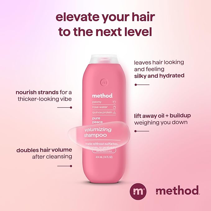 Method Pure Peace Volumizing Shampoo - For Thicker, Fuller and Visibly Hydrated Hair - Sulfate Free and Safe for Color-Treated Hair - 14 oz, Pack of 3