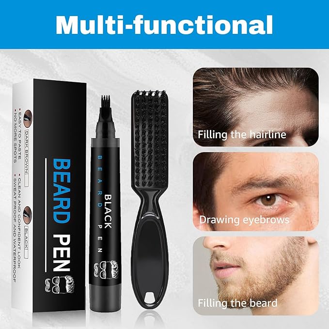 Beard Pencil Filler for Men Black - Beard Pen with Beard Brush, Barber Pencil Long-Lasting & Waterproof Mens Grooming Kits Create Natural Beard Color Gifts for Men, Mens Gifts Ideas (Deep Black)